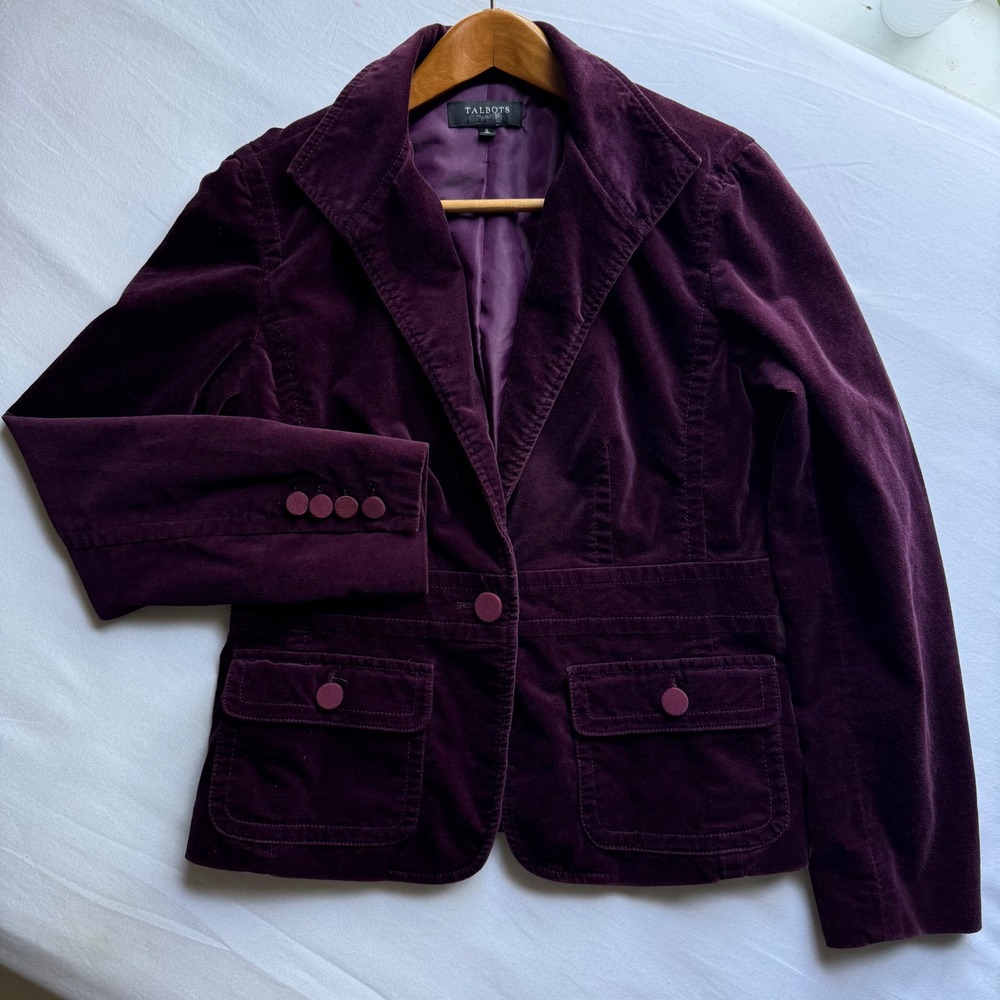 Talots Womens Purple Velvet Blazer Jacket Size 6 Single Button Stretch Cotton